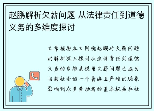 赵鹏解析欠薪问题 从法律责任到道德义务的多维度探讨